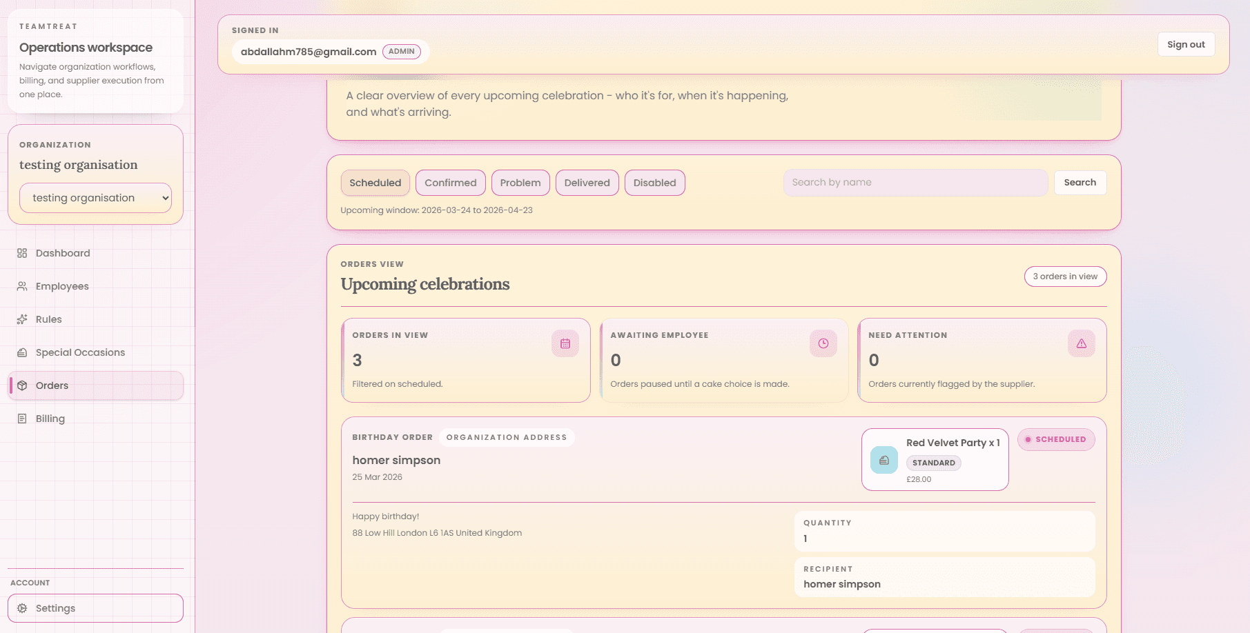 TeamTreat upcoming celebrations workspace